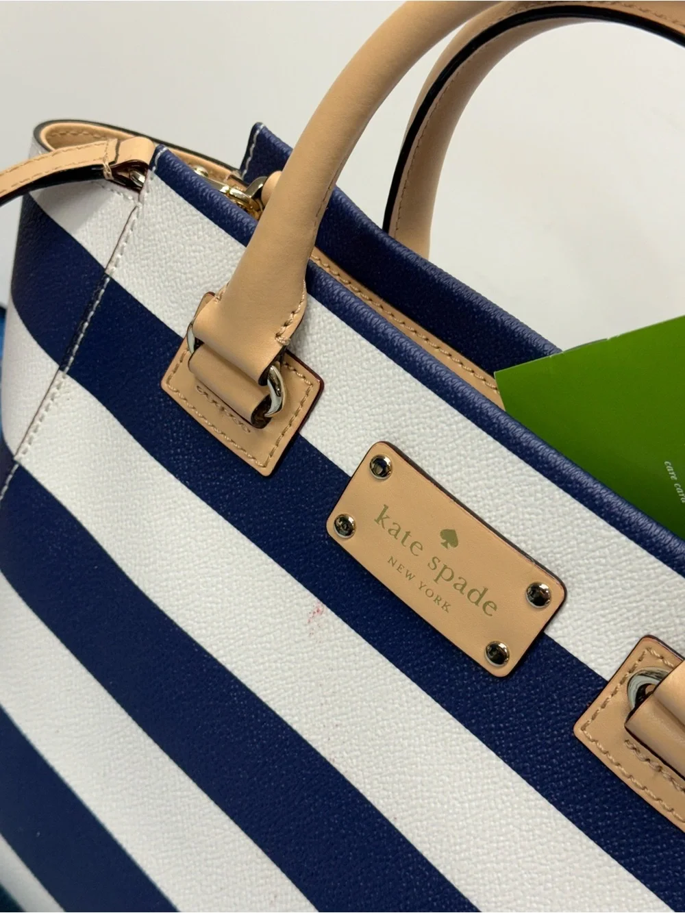 (new+card) Kate Spade Rare Leather Satchel Navy and White Striped Tan Trim